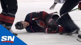 Andrei Svechnikov Falls Awkwardly amp Injures Leg After Battle With Zdeno Chara [upl. by Lletniuq848]