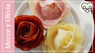 Decoración COMESTIBLE  ROSAS de Jamón Queso y Chorizo  Flor de salami con copa [upl. by Eignav]