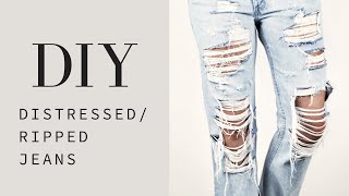 HOW TO  DIY Distressed  Ripped Jeans Tutorial [upl. by Euqitsym128]