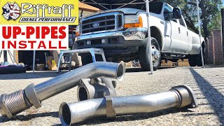 2001 F350 73  RiffRaff UpPipes Install  Stock up pipes leaking and falling apart JUNK SP [upl. by Sjoberg]