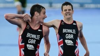 Jonny Brownlee helped over line by brother Alistair [upl. by Aihsoek]